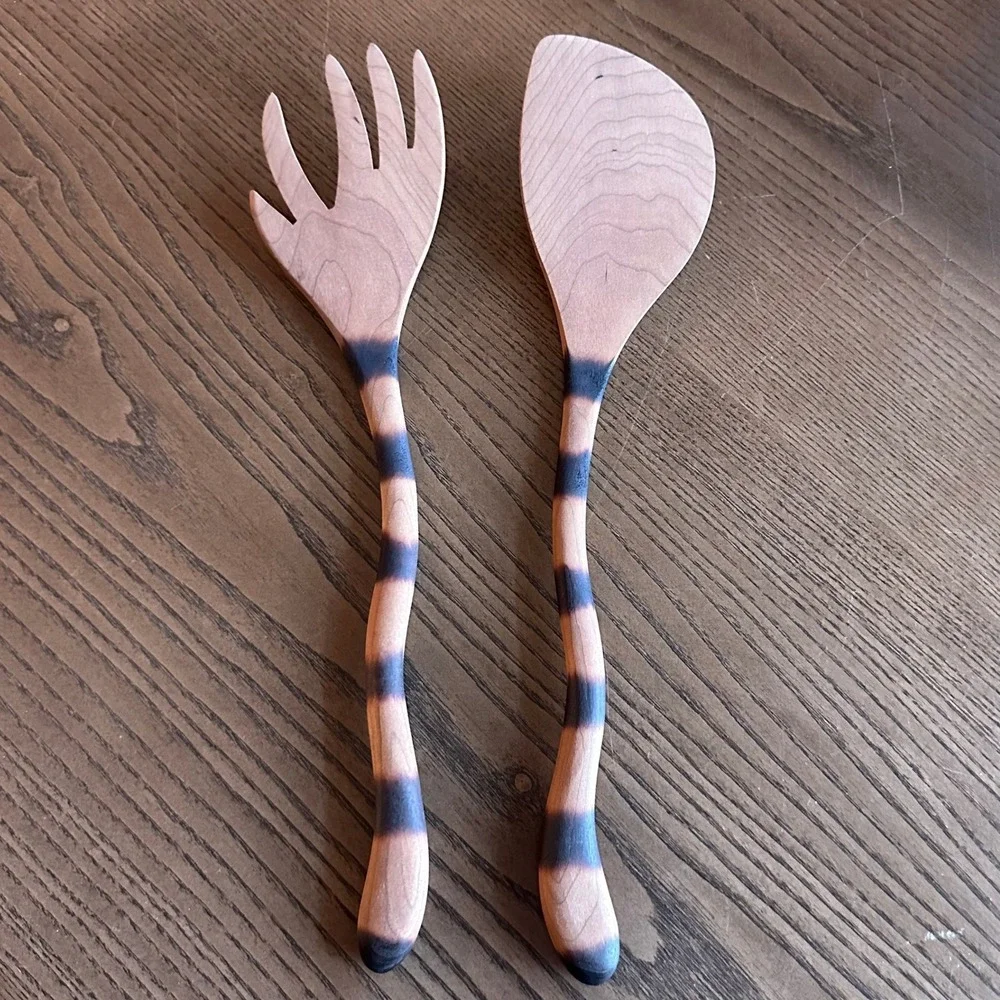 Handcrafted Cat Tail Jonathan's Spoons Wooden Salad Server Set Wavy Handle